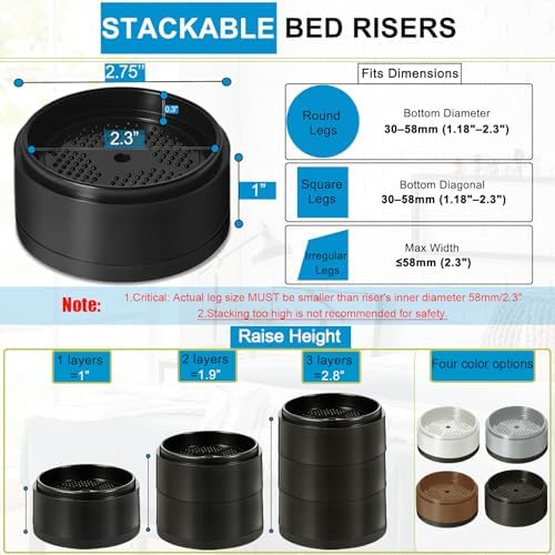 Bed Risers 1 inch, 2 inch, 3 inch, 4 inch Heavy Duty, Adjustable Furniture Riser for Table Desk Couch Sofa Chair Refrigerator Washing Machine, Stackable Bed Raisers Blocks (Black 4 Pack, 1 inch)