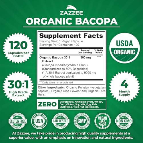Zazzee USDA Organic Bacopa 30:1 Extract, 50% Bacosides, 120 Vegan Capsules, 4 Month Supply, Bacopa Monnieri, Cognitive, Brain & Memory Support, Non-GMO, Organic Herbal Supplement, Made in the USA