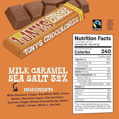 Tony’s Chocolonely Belgian Milk Chocolate Candy Bar With Caramel & Sea Salt, Chocolate Bars for Snacks, Party Favors, or Gifts, 32% Cacao, Made From Quality Fairtrade Cocoa, 20 Bars, 1.66 Oz Each