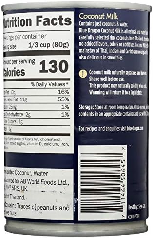 Blue Dragon Regular Coconut Milk, All natural, No Additives,, NON-GMO, Gluten free, Vegan friendly, 13.5oz per can (Pack of 12)