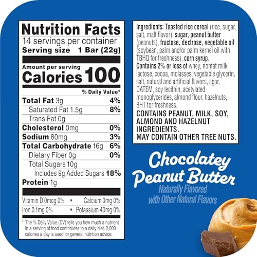 Rice Krispies Treats Crispy Rice Squares, Snack Bars, Chocolatey Peanut Butter, 10.8oz Box (14 Count)