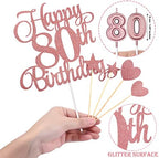 80th Birthday Cake Decorations Set Include 80th Birthday Candles Numeral 80 Cake Candles and Happy 80th Birthday Cake Toppers with Heart Star Cupcake Picks for Birthday Party (Rose Gold Series)