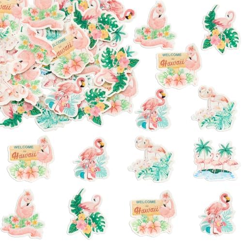 Gyufise 54Pcs Edible Flamingo Cupcake Toppers Wafer Paper Cocktail Tropical Aloha Luau Cake Dessert Pick Summer Hawaiian Beach Cupcake Decorations for Birthday Wedding Party Supplies Pink