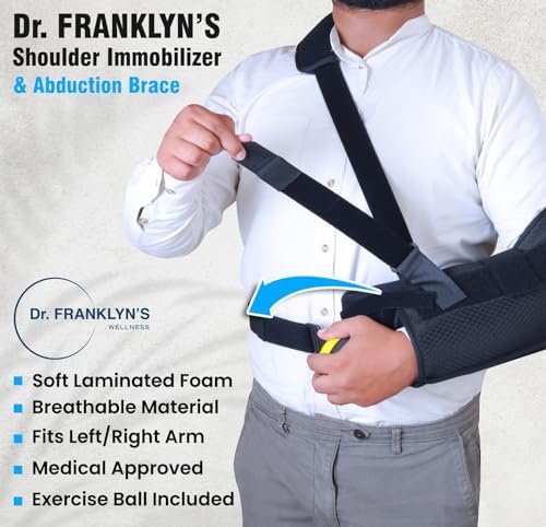 DR FRANKLYN'S Arm Sling Shoulder Immobilizer for Rotator Cuff Pain Relief, Surgery & Broken Arm- Shoulder Abduction Pillow for Injury Support - Brace Includes Pockets-Foam Stress Ball and Wedge