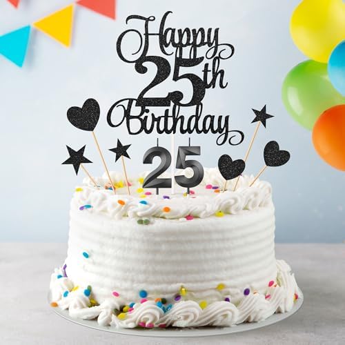 25th Birthday Cake Decorations, 25th Birthday Candles Cake Numeral Candles and Glitter Happy 25th Birthday Cake Toppers Set for Birthday Party Supplies (Black)