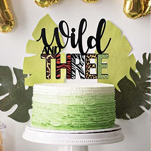 Wild and Three Cake Topper, Jungle Safari Theme 3rd Birthday Party Decorations, Fourth Birthday Cake Topper, Animal Print Giraffe Tiger Zebra Leopard Cake Decoration