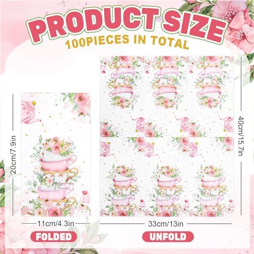 Whaline 100Pcs Tea Party Guest Napkins Floral Teacup Disposable Napkins Flower Tea Cup Dinner Paper Hand Towel for Bathroom Wedding Baby Shower Party Table Decor Supplies