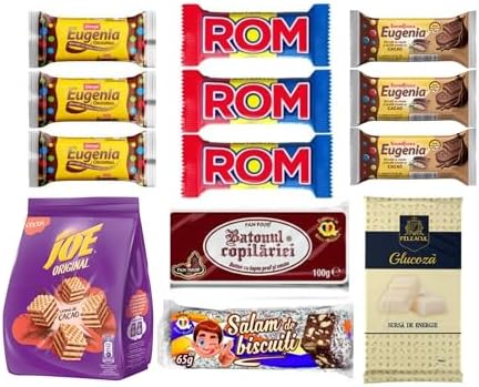 Romanian Sweet Snacks Variety Pack| Eugenia Original Biscuit, ROM Chocolate Bars, Eugenia w/Cacao, Joe Napolitane, Ciocolata de Casa, Biscuit Salami, Glucose Bar