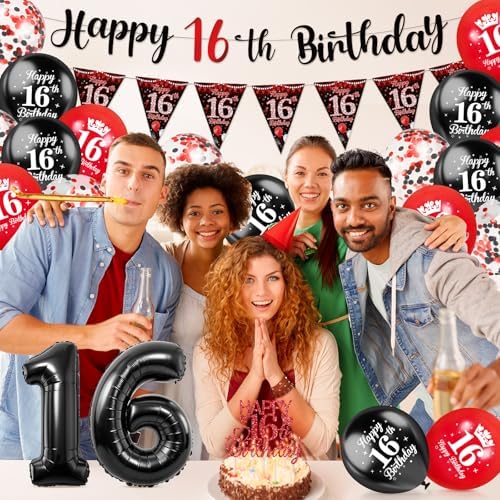 16th Birthday Decorations for Boys - 22Pcs Red Black Happy 16th Birthday Decor with Hanging Banner, Number 16 Balloons, Triangle Flag and Cake Topper for Teenager Sweet Sixteen Party Supplies