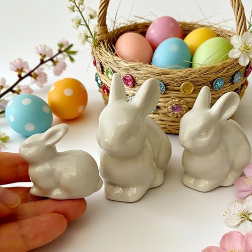 Set of Mini Ceramic Rabbit Figurines, Porcelain Easter Bunny Decorations for Home, Tabletop Ornament, Tea Ceremony Pet (3-White)