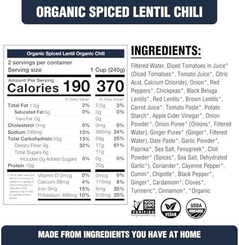 PLANTSTRONG Chili & Stew – USDA Organic, Non-GMO, Plant-Based, Vegan, Gluten-Free, Oil-Free, Lightly Salted, Ready to Heat & Serve (16.9 oz, Spiced Lentil Chili)
