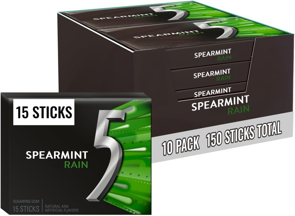 5 GUM Spearmint Rain Sugar Free Chewing Gum Refreshing Invigorating Minty Flavor Five Gum, 15 Stick Pack (10 Packs)