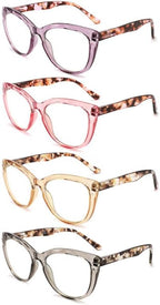4 Pack Oversized Blue Light Blocking Reading Glasses, Stylish Designer Ladies Computer Readers with Spring Hinge, Anti Glare Eyestrain Eyeglasses for Women +1.5