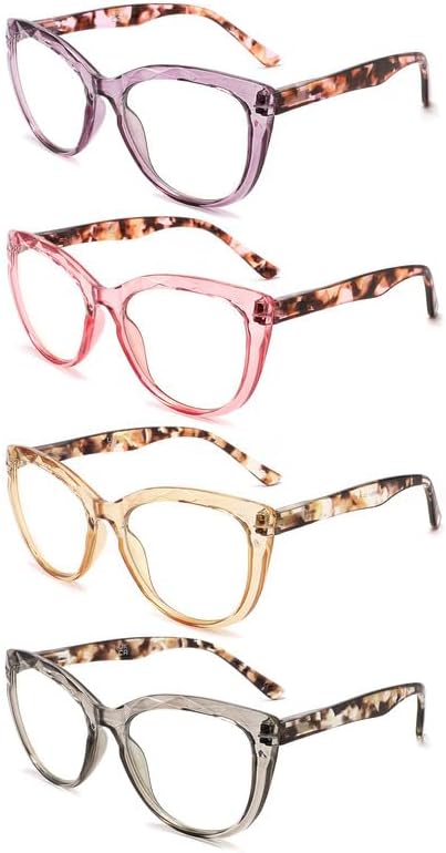 4 Pack Oversized Blue Light Blocking Reading Glasses, Stylish Designer Ladies Computer Readers with Spring Hinge, Anti Glare Eyestrain Eyeglasses for Women +1.5