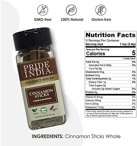 Pride of India | Cinnamon Bark Whole 0.8 oz (22.67 gm) Small Dual Sifter Bottle | Freshly Sourced from India | Gourmet Whole Spice | Strong Aroma | Perfect for Cooking & Baking | Easy to Use