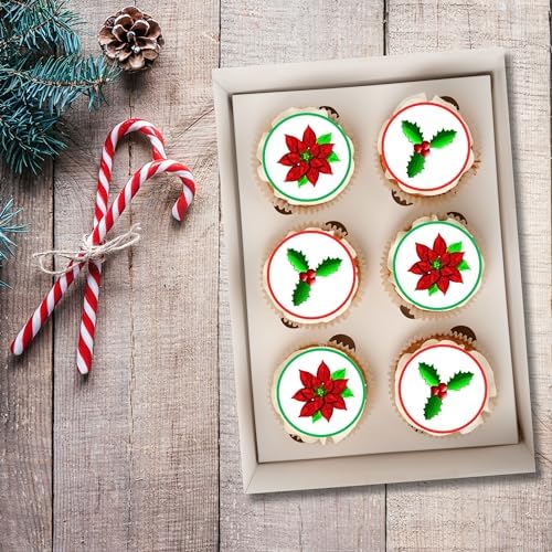 Poinsettia Holly Edible Cupcake Toppers, Christmas Cake Decorations, Christmas Cake Topper, Xmas Poinsettia Cupcake & Cookie Decor, PRECUT 4cm / 1.5 inch Wafer Discs (12)