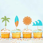 Ercadio 32 PCS Summer Beach Cupcake Toppers Coconut Palm Sun Surfboard Ocean Wave Cake Picks Baby Shower Hawaii Beach Pool Theme Birthday Party Cake Decorations Supplies