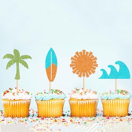 Ercadio 32 PCS Summer Beach Cupcake Toppers Coconut Palm Sun Surfboard Ocean Wave Cake Picks Baby Shower Hawaii Beach Pool Theme Birthday Party Cake Decorations Supplies