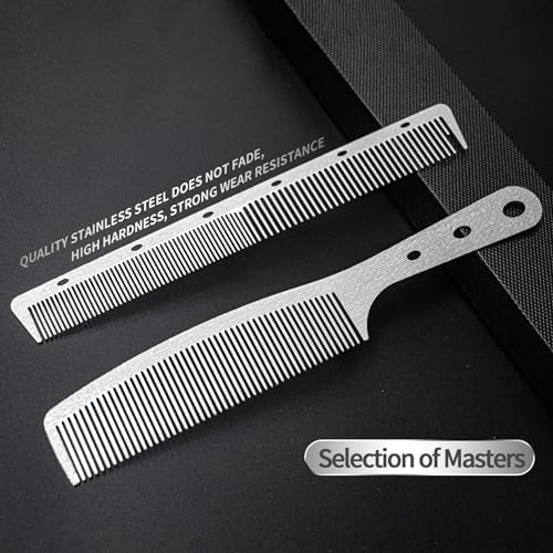 2 Pcs Metal Comb, Stainless Steel Fine Tooth Comb, Unbreakable Teeth Design, Anti Static comb, Heat Resistant, Professional Barber Comb Set, hair combs for men, Wood Grain Design