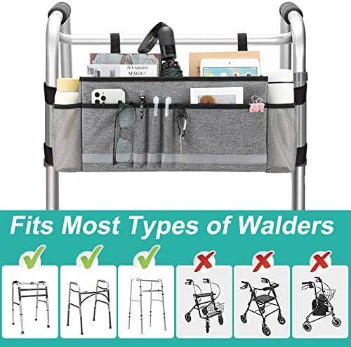 Walker Basket, Folding Walker Bag with Cup Holder, Walker Accessories for Seniors, Gray