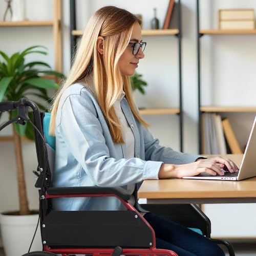 Magshion Foldable Transport Wheelchair for Adults 250 Lbs, Lightweight Transport Chair for Seniors, Portable Wheel Chair with Removable Cushion, Push-to-Lock & Hand Brakes, 17.5" Seat (Red Frame)