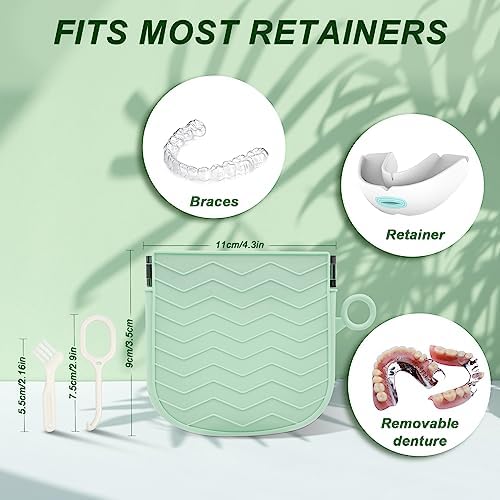 Silicone Retainer Case with Hanging Ring Cute Retainer Holder Dental Thin Container Braces Case with Vent Holes Aligner Cleaner Brush Portable Travel Partial Denture Night Mouth Guard (Green)