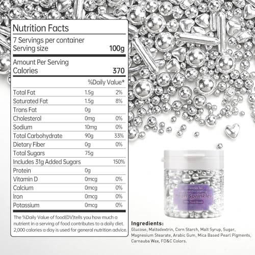 Edible Silver Heart Sprinkles, 130g/4.58oz, Silver Pearl Sprinkles For Cake Decorating, Edible Silver Cake Decorations, Birthday Party Supplies