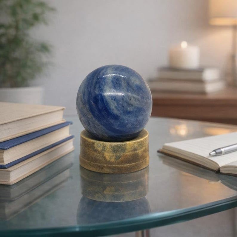 Kayra Blue Sodalite Crystal Ball with Stand, Natural Sodalite Sphere Polished Gemstone Orb, Decorative Stone Sphere for Home Decor, Desk Decor Accent, Collectible Mineral Gift