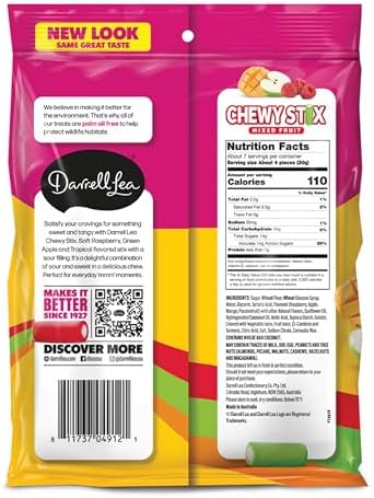 Darrell Lea Chewy Stix, Sour & Sweet, Palm Oil Free, Made in Australia, Shareable, Sour Mixed Fruit, 7 Ounce (Pack of 1)