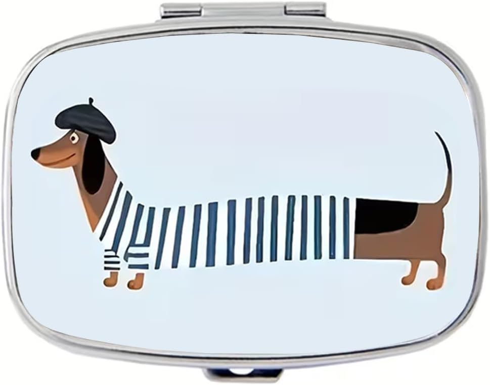 Dachshund Pill Box 2 Compartment Small Pill Case for Purse & Pocket Travel Portable Metal Medicine Box to Hold Vitamins Medication Fish Oil Supplements Dachshund for Women Men (YH3880)