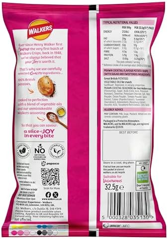 Walkers Prawn Cocktail Crisps Box, 32.5 g (Pack of 32)