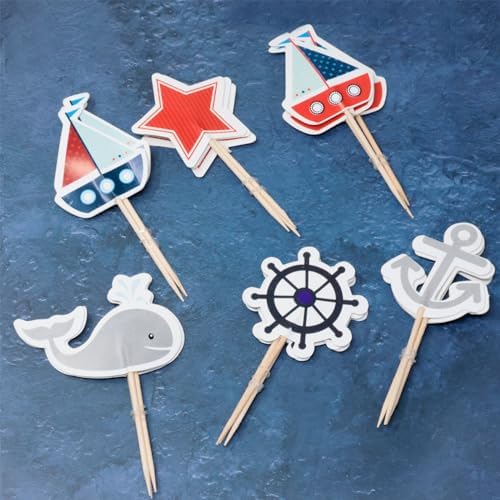 Honbay 48PCS Nautical Theme Cupcake Toppers Ocean Sailing Party Cake Decorations Food Fruit Picks for Birthday Wedding Party Supplies (6 Style)