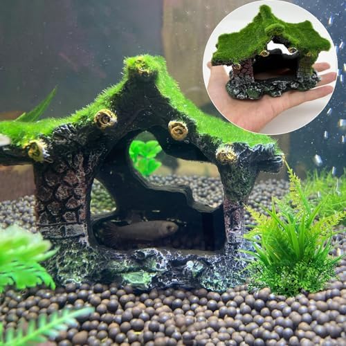 Tfwadmx Aquarium Decoration House Resin Hollow Hideout House,Small Betta Fish Hide Accessories Cave Ornament Tank Small Fish Shrimp Hideaway with Moss