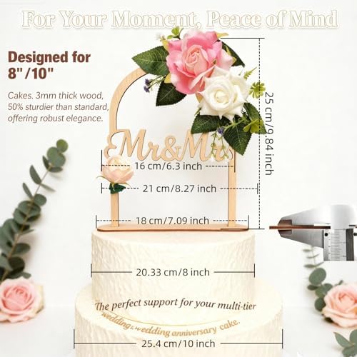 Wooden Wedding Cake Topper - Mr & Mrs Floral Arch Design - Handcrafted Rustic Cake Decoration & Home Decor Keepsake - Gift Box Included for Anniversary, Bridal Shower