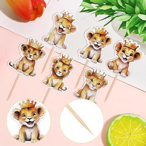 36 PCS Lion Cupcake Toppers - Jungle Safari Animal Crowns & Picks for Lion Animal Theme Baby Shower Kids Boys Girls Birthday Party Cake Decorations