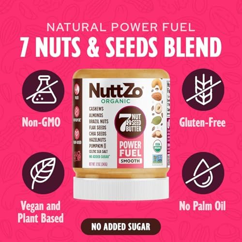 NuttZo Organic Power Fuel 7 Nuts and Seeds Butter, Smooth, Paleo and Keto Friendly, Peanut and Gluten Free, Vegan, Kosher, No Added Sugar or Oil, 12 oz Jar