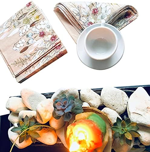 20 Counts 6.5 x 6.5 inches 3-Ply Tan Floral Decorative Napkins for Decoupage, Nature Themed Events, Eco-Friendly & Biodegradable