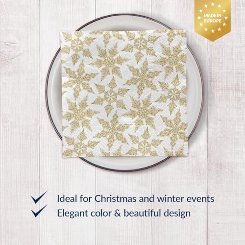 PAW - Winter Luncheon Napkins 6,5'' x 6,5'', White and Gold Disposable Paper Napkins with Snowflakes, Lunch Napkins for Winter Birthdays, Christmas Parties, New Years, Decoupage, 50 Count