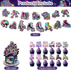59 Pcs Roller Skating Birthday Party Supplies, Roller Skate Themed Party Decoration Backdrop Balloons Cake Cupcake Topper for Let’s Roll Themed Birthday Party Decor