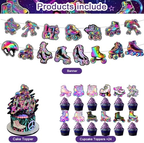 59 Pcs Roller Skating Birthday Party Supplies, Roller Skate Themed Party Decoration Backdrop Balloons Cake Cupcake Topper for Let’s Roll Themed Birthday Party Decor