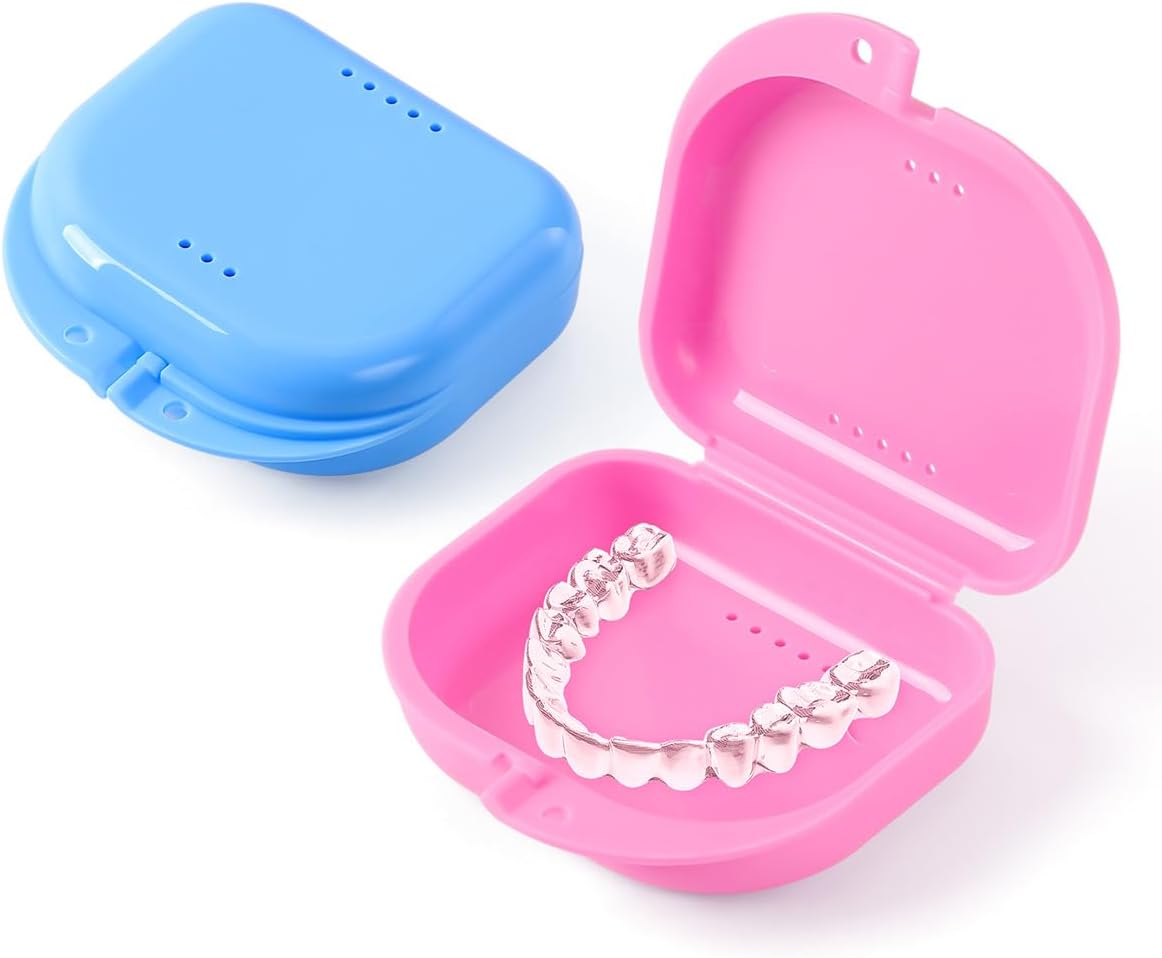 JMU Retainer Case with Vent Holes, Orthodontic Storage Case, Travel Box for Aligner & Mouth Guard (2 Pcs, Pink and Blue)