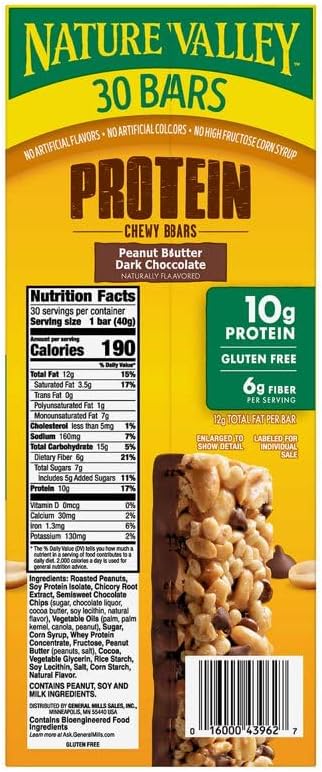 Gluten-Free Protein Bars, Peanut Butter Dark Chocolate, 30-Pack, Compatible with Nature Valley