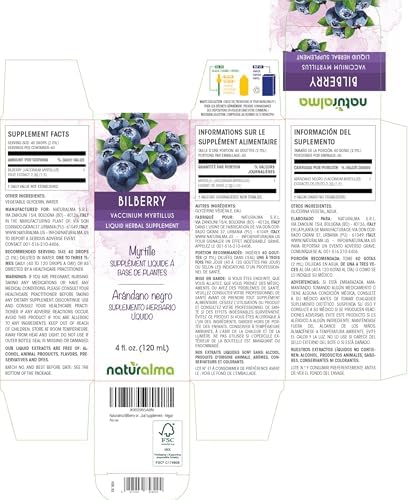 Naturalma Bilberry or European Blueberry (Vaccinium myrtillus) Fruit Alcohol-Free Tincture - 4 fl oz Liquid Extract in Drops - Herbal Supplement - Vegan