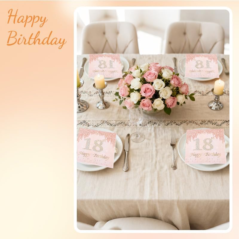 Happy 18th Birthday Napkins for Girls 18th Birthday Decorations Rose Gold and Pink Disposable Paper Cocktail Napkins for 18 Year Old Girl Bday Party Decoration