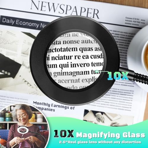 10X Magnifying Glass with Light, Clip on Mganifier with Light, 48 LED Desk Magnifying Glass wtih Clamp, 3 Modes Dimmable Magnifying LED Lamps for Bed Work Crafts DIY Repair