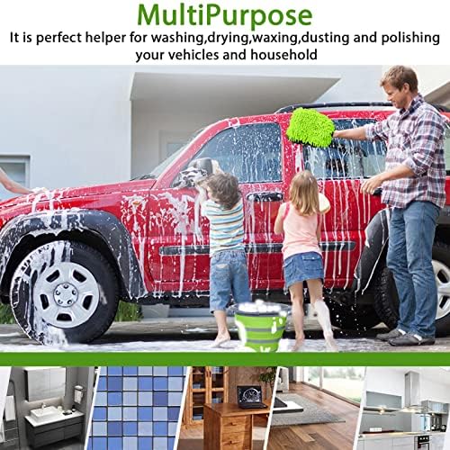 Collapsible Bucket with 3-in-1 Car Wash Mitt, Coral Velvet + Weave + Chenille Microfiber Glove Sponge, 10L (2.6 Gallon) Portable Folding Basin Pail for Household Cleaning