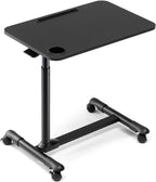 ETHU Overbed Table with Hydraulic Lift, 27.1-34.2 Inch Height Adjustable Bed Table with Lockable Casters - Wood Grain Tabletop with Cup Holder & Charging Slot, 22lbs Capacity Rolling Bedside Desk