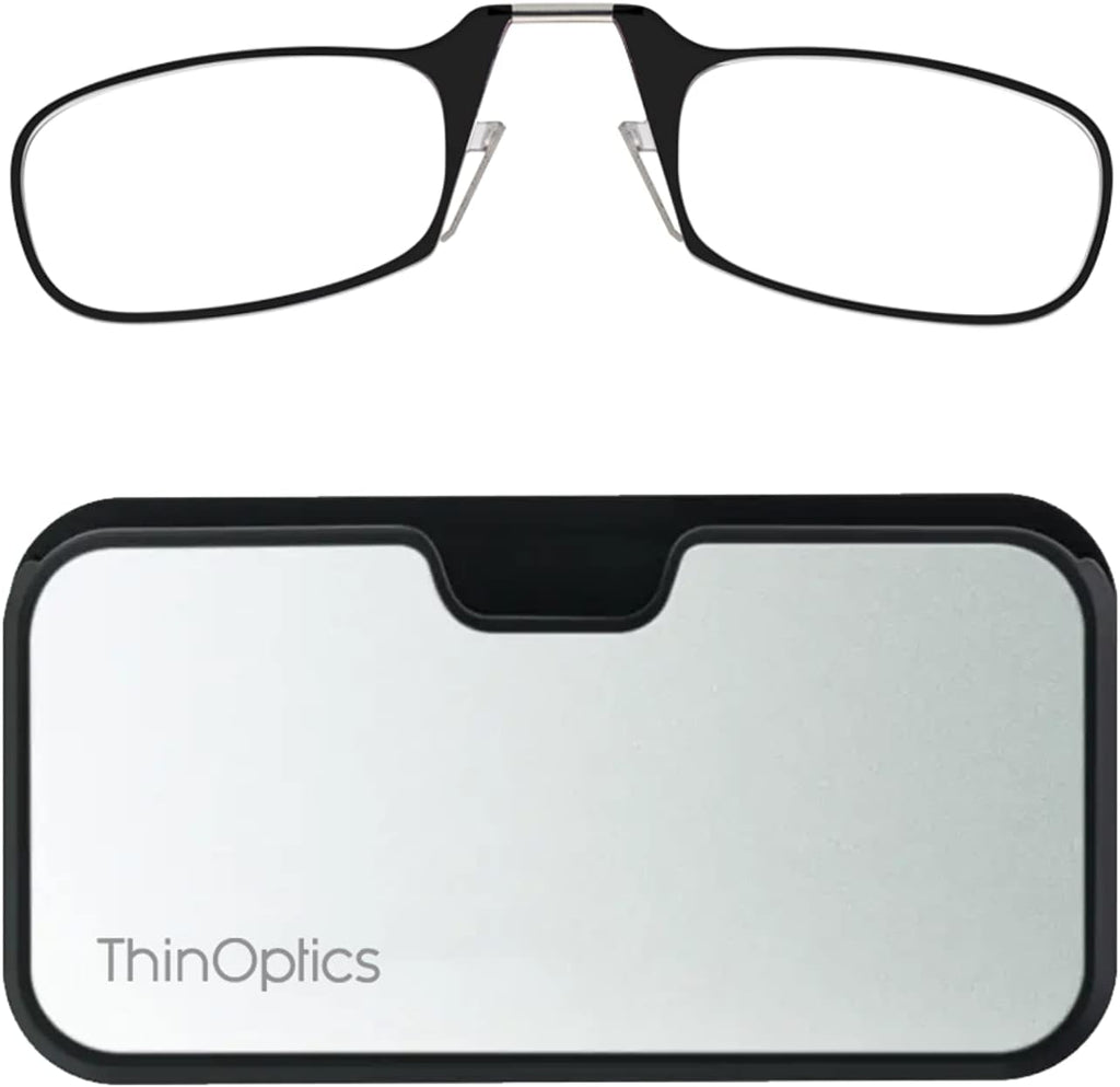 ThinOptics Universal Case and Readers Rectangular Reading Glasses, Silver Black Metal Pod with Black Frames, 2.5 Strength