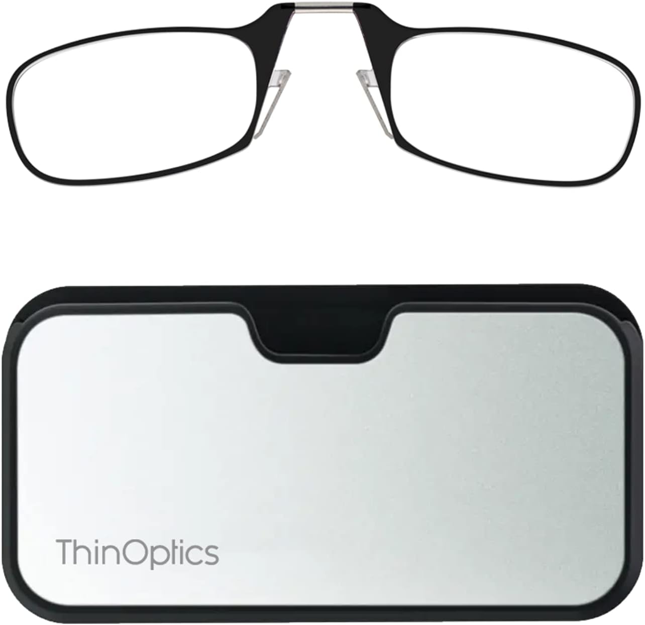 ThinOptics Universal Case and Readers Rectangular Reading Glasses, Silver Black Metal Pod with Black Frames, 2.5 Strength