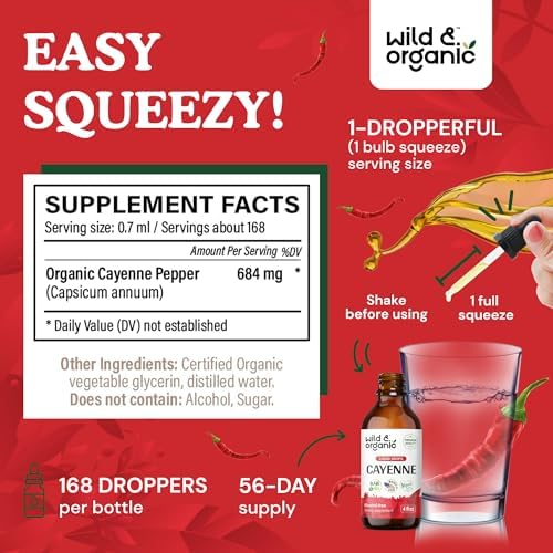 Wild & Organic Cayenne Pepper Tincture - Digestive Support with Capsaicin Extract - Cayenne Pepper Liquid Drops for Overall Well-Being - Unflavored, Vegan, Sugar & Alcohol-Free - 4 fl oz